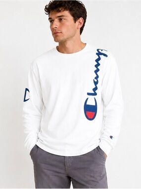 Champion White Long-Sleeve Tee with Navy & Red Logo